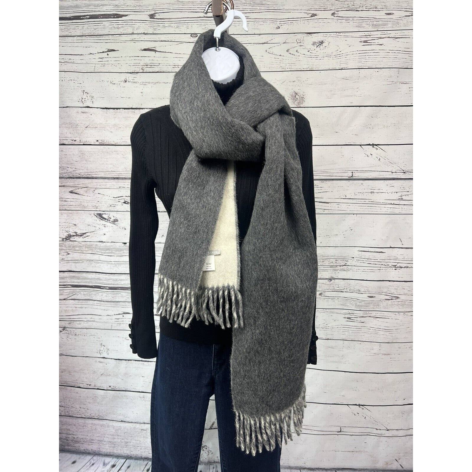 J Crew Fringed Scarf Alpaca And Wool Gray And Cream Multifunctional 73” X 13”