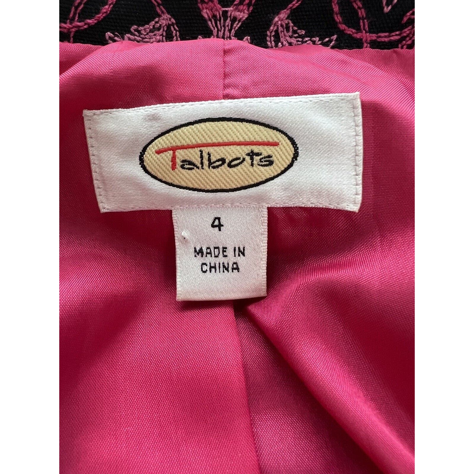Talbots Blazer Women’s Size 4 Career Jacket Embroidered Lined Black And Pink
