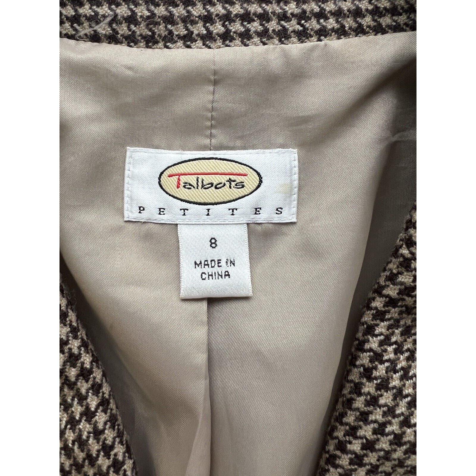 Talbots 3 Button Blazer Women’s Petite 8 Houndstooth Brown And Tan 100% Wool
