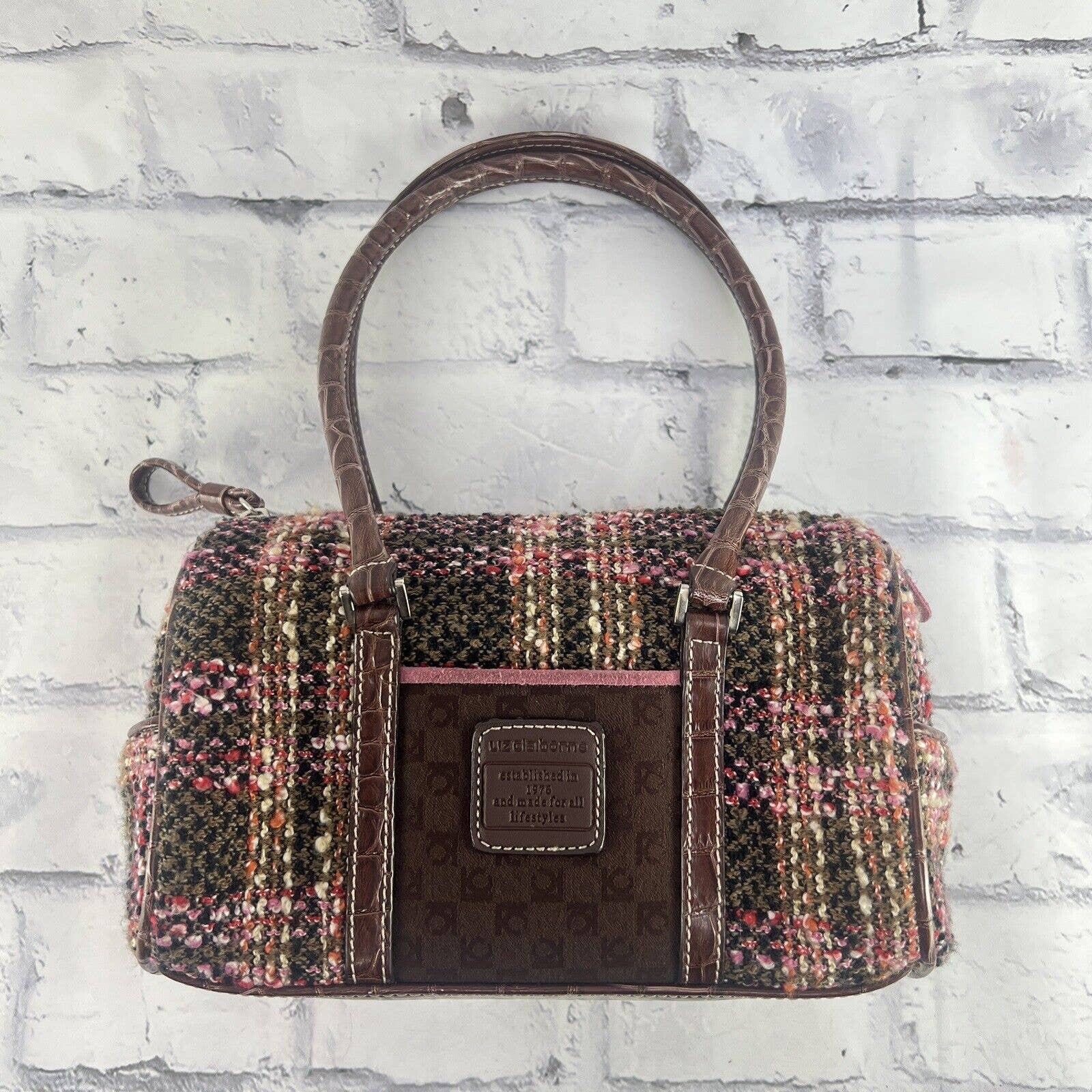 Liz Claiborne Tweed Purse Double Handle Small Leather Pink And Brown Bag
