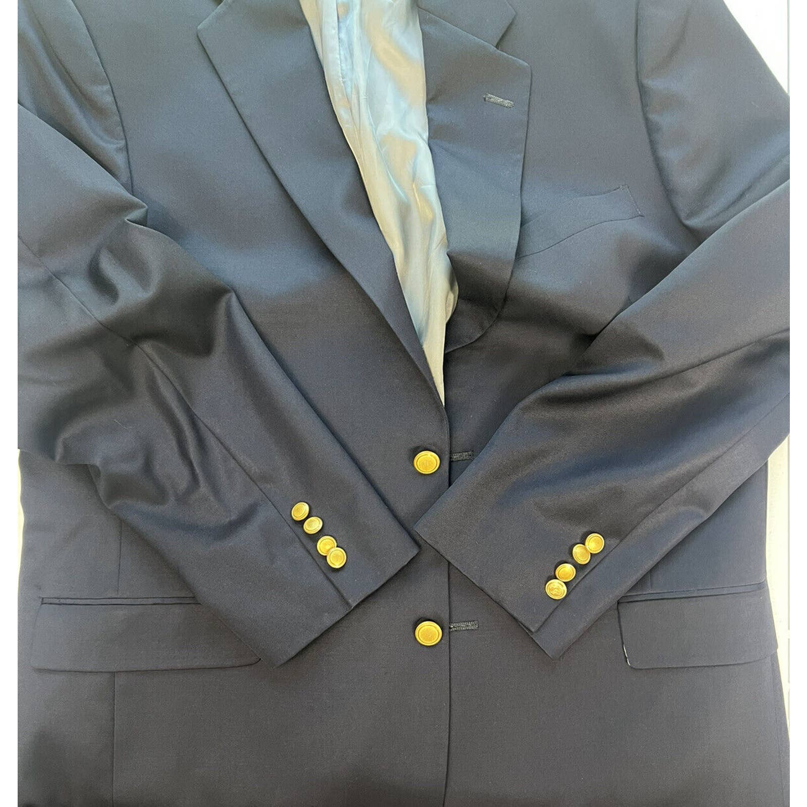 Hart Schaffner Marx 2 Button Blazer Mens 44L Sport Coat Jacket Navy Gold Buttons