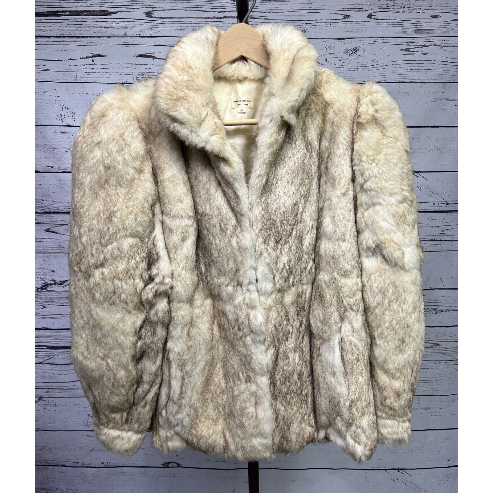 Vintage Genuine Rabbit Fur Coat Jacket Women’s Size M Cream w/ Dark Tips Pockets