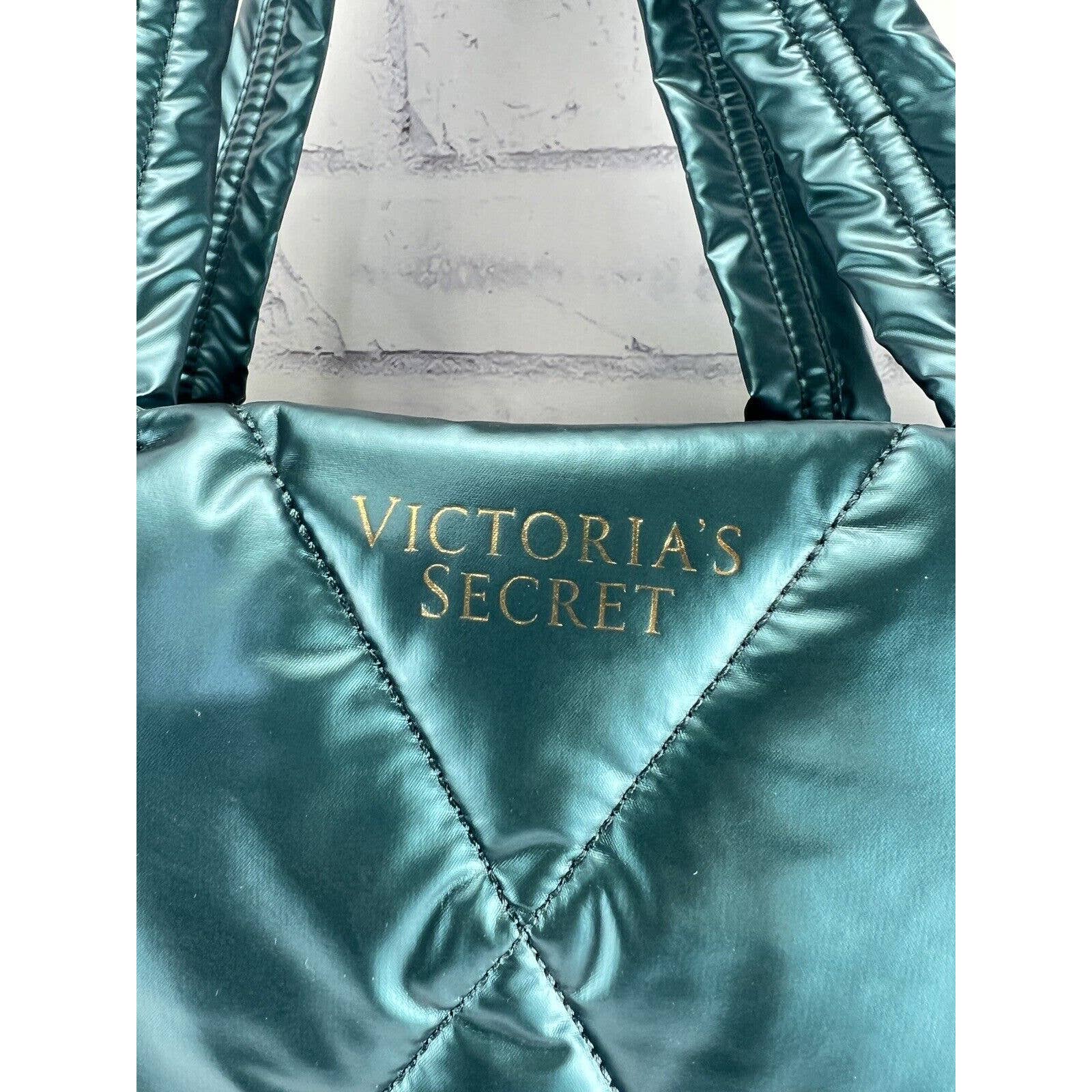 Victoria's Secret Puffer Tote Bag Holiday Large Quilted Green Teal Metallic