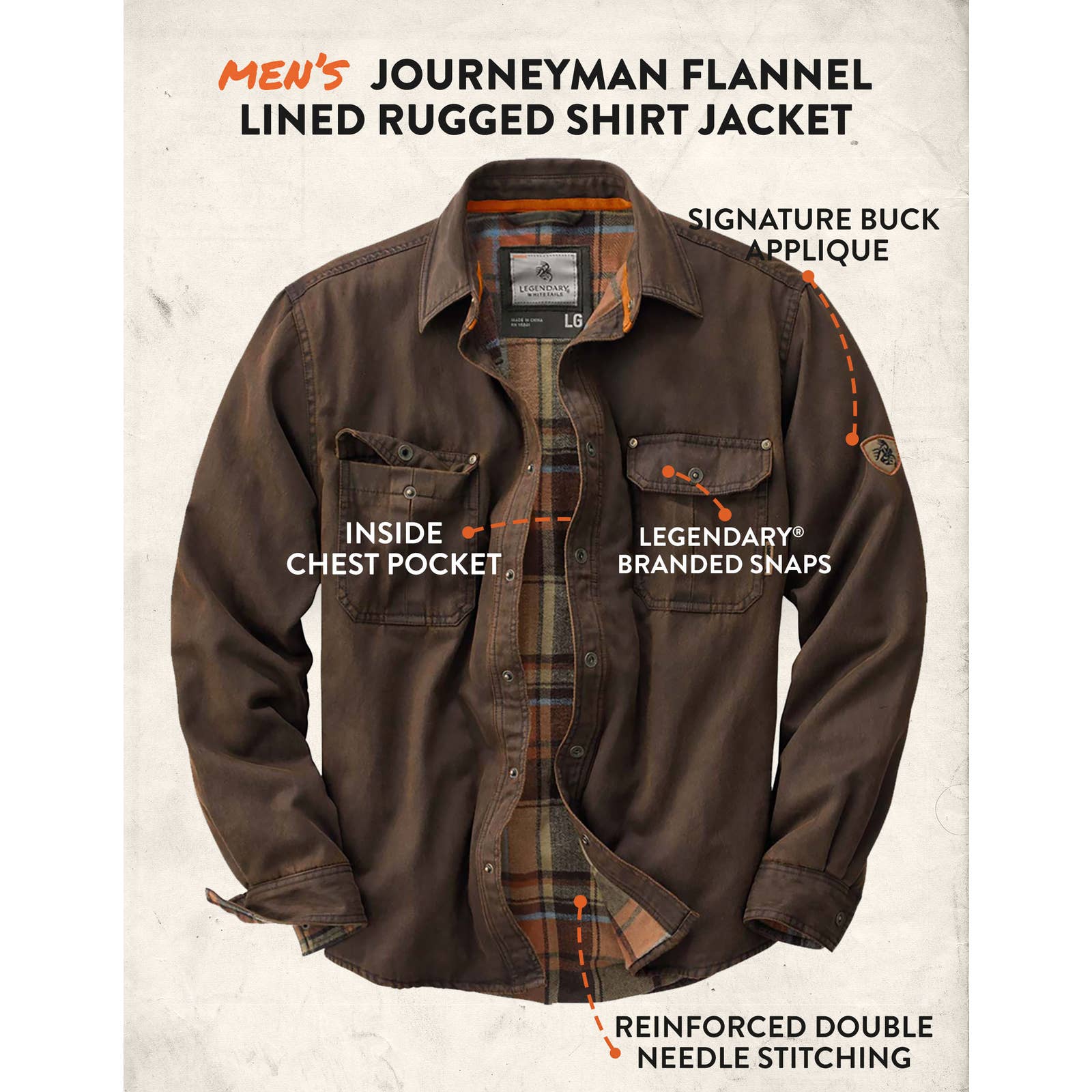 Legendary Whitetails Journeymen Flannel Lined Shirt Jacket Mens Large Tall Tan