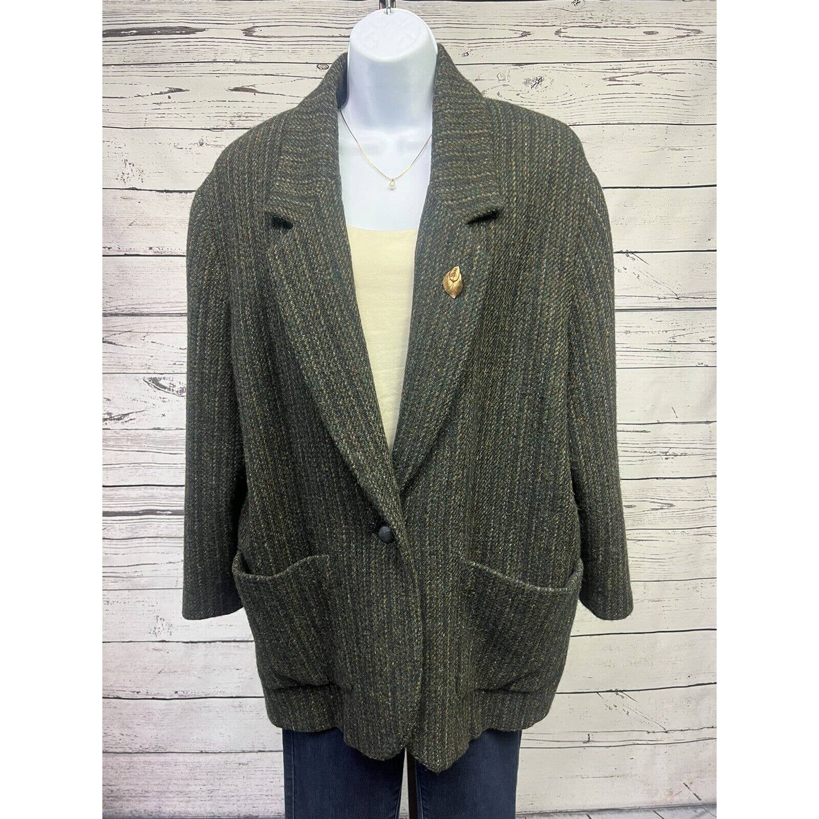 Harris Tweed Car Coat Women’s Medium Vintage Green One Button Overcoat Lined