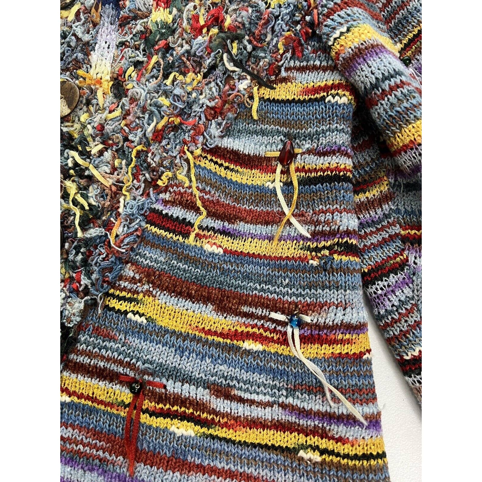 Sandy Starkman Sweater Jacket Women’s XS Art To Wear Boho Fringes Wood Buttons