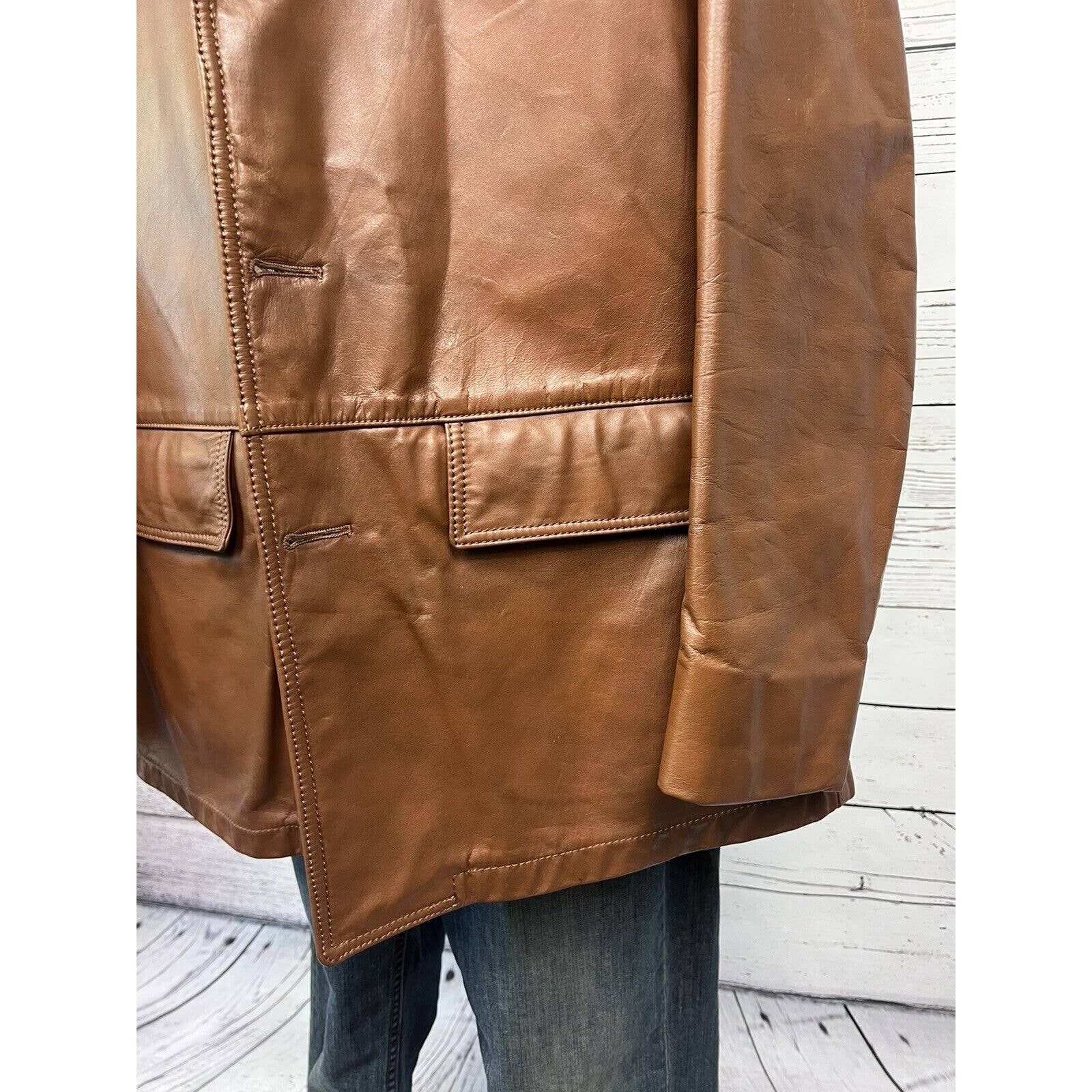 Vintage 70s Leather Blazer Coat Jacket Men's Size 44 Large Caramel Brown Mobster