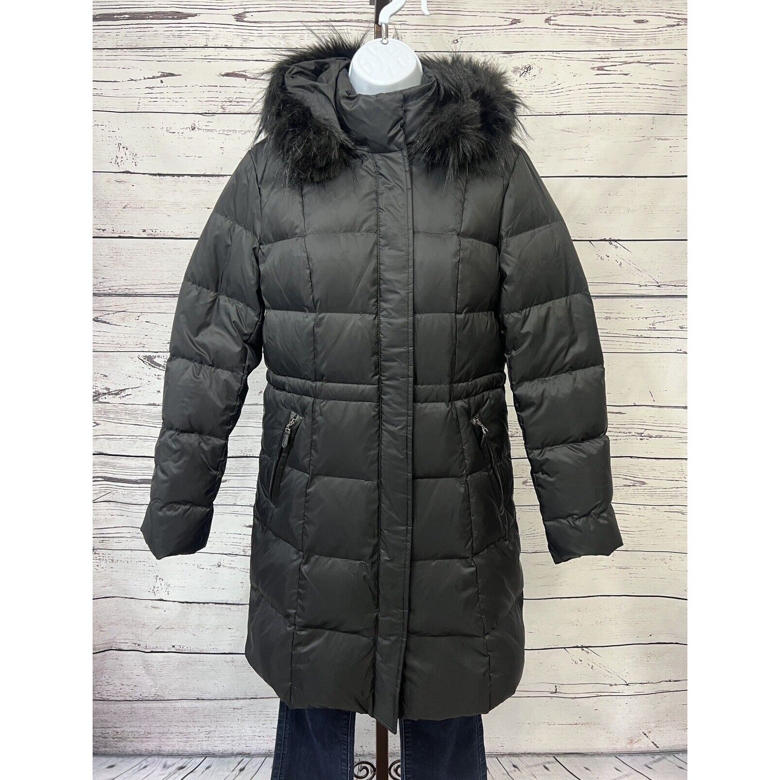TALBOTS Long Down Puffer Coat Women’s Small Fur Lined Removable Hood Black