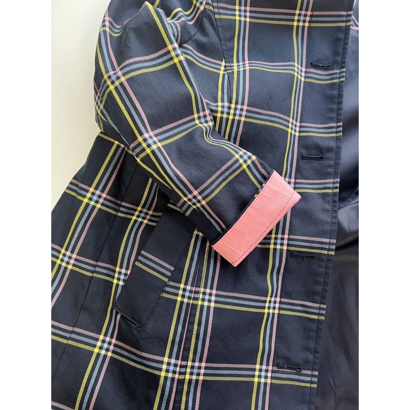 Talbots A Line Plaid Mac Jacket Women’s Small Button Front Navy Trench Coat