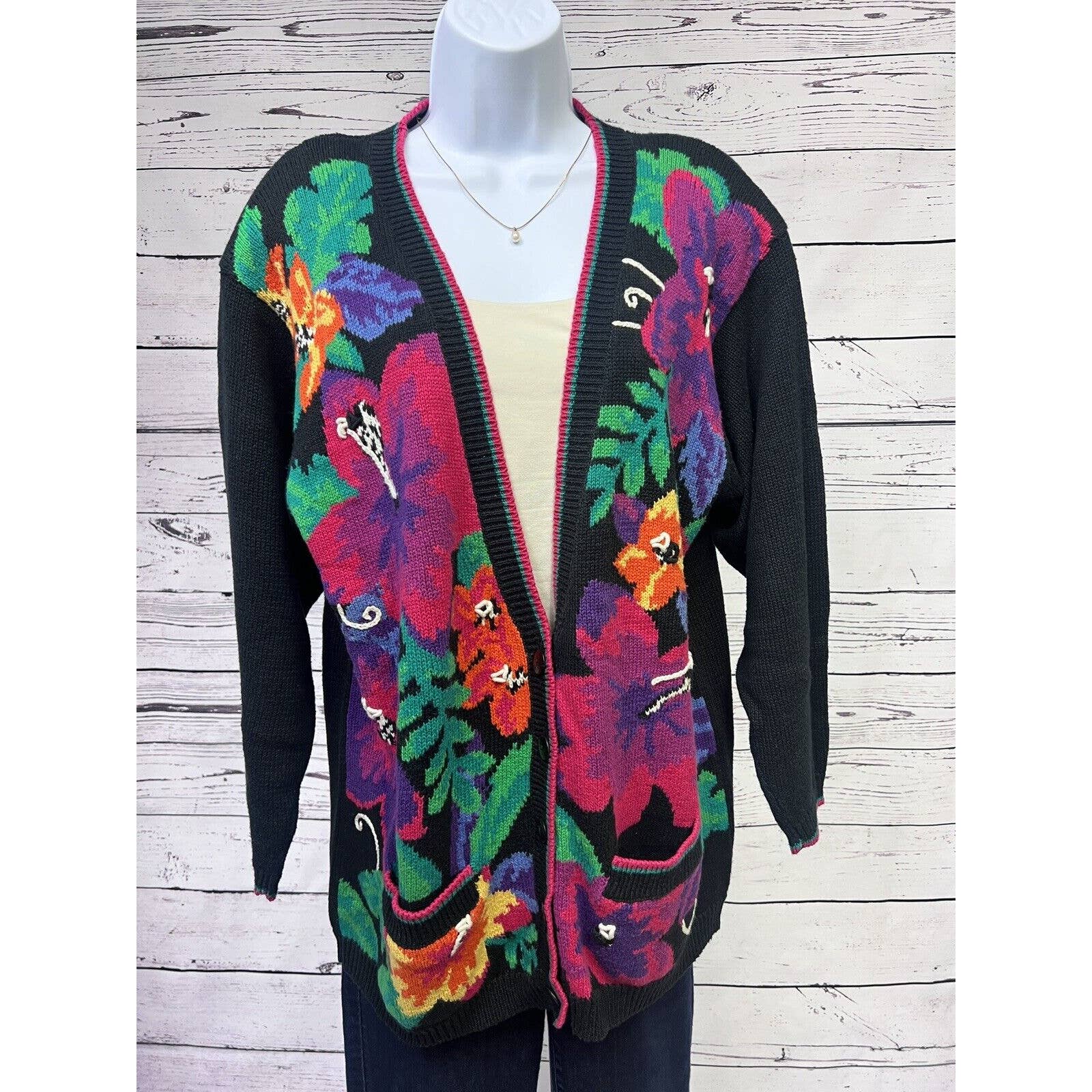Jantzen Classics Cardigan Sweater Womens Large Embroidered By Hand Floral Black