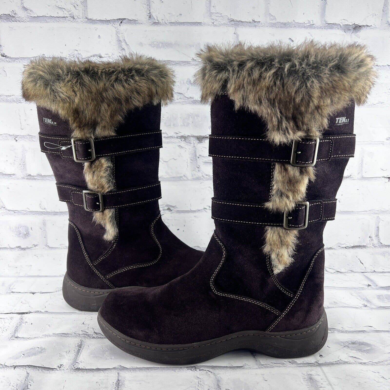 LL Bean Nordic Tek 2.5 Boots Size 9.5 M Brown Suede Fur Trim Waterproof Winter