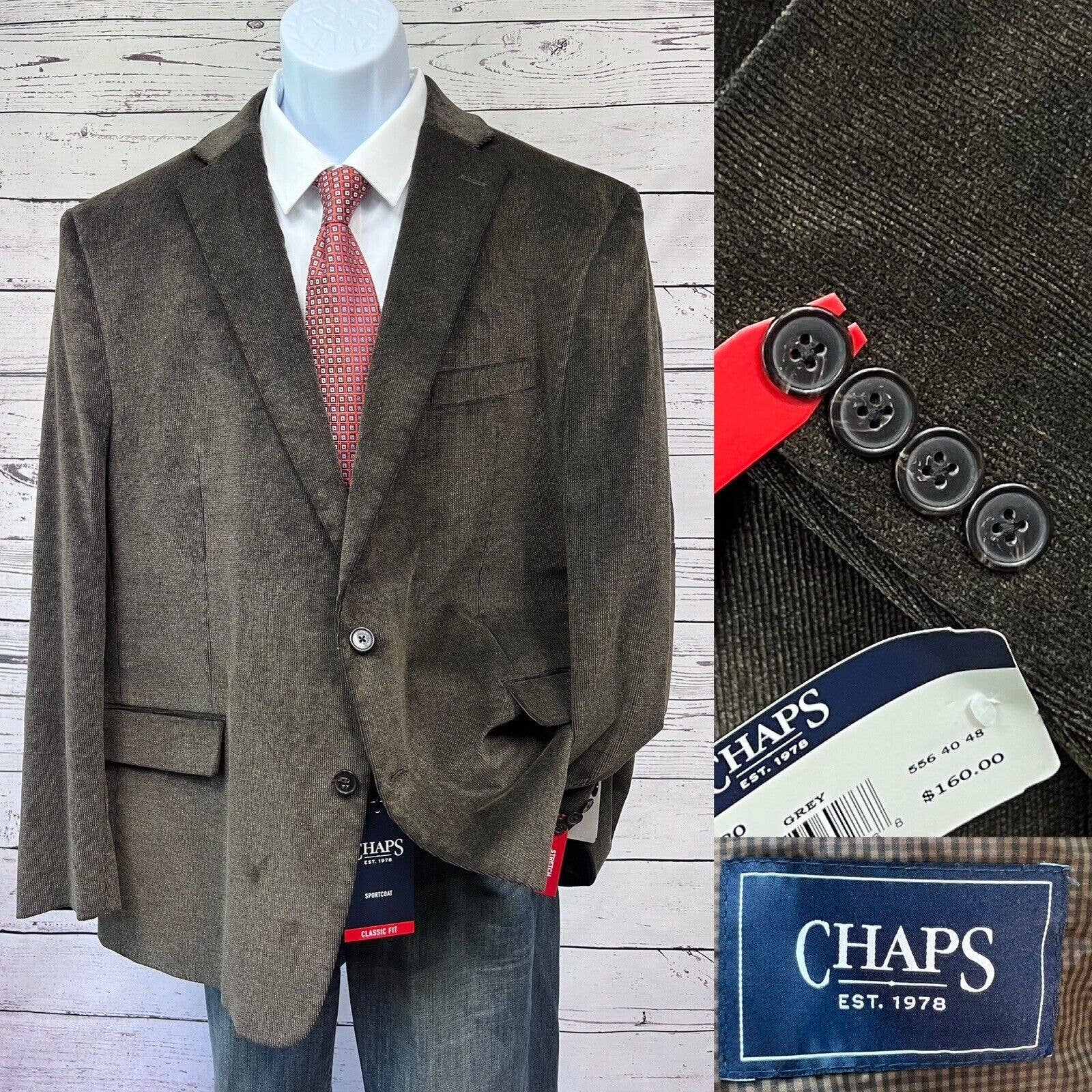 Chaps Canfield Corduroy Sport Coat Men’s 48 R Classic Fit Stretch Gray / Brown