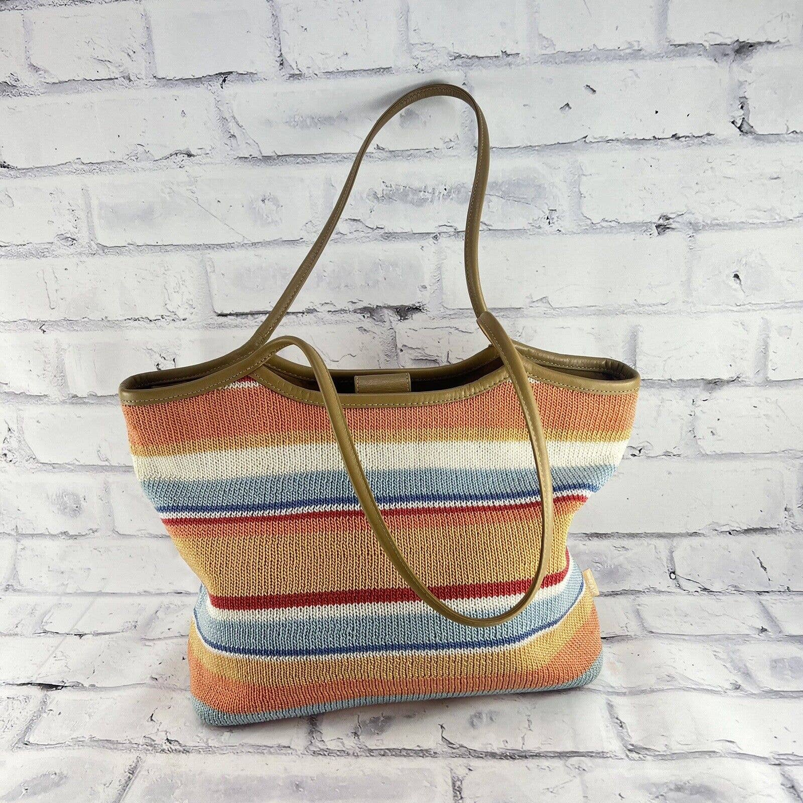 THE SAK Shoulder Bag Multi Color Striped Crochet Knit Bag Purse Tote