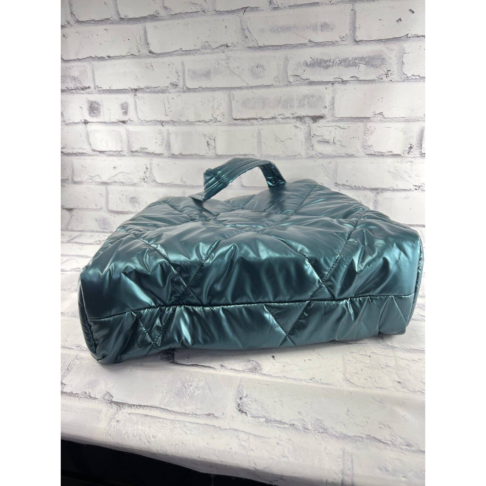 Victoria's Secret Puffer Tote Bag Holiday Large Quilted Green Teal Metallic