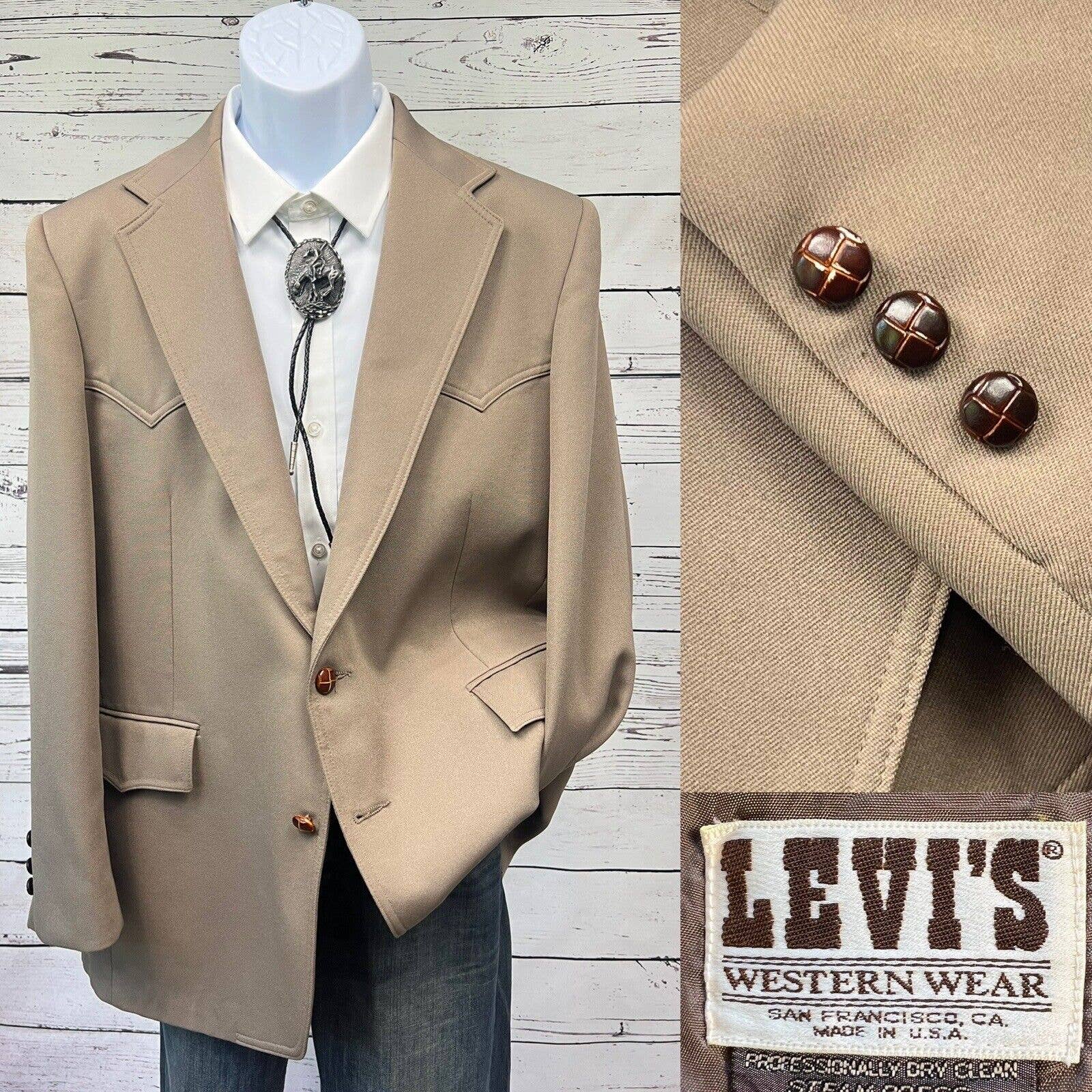 Levis Western Wear 2 Button Blazer Men’s 44R Tan Vintage 70’s Polyester