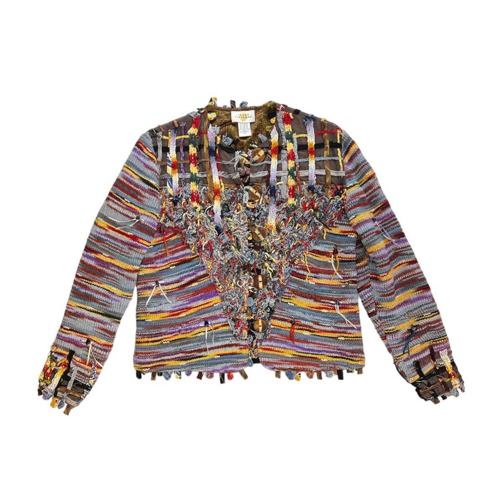 Sandy Starkman Sweater Jacket Women’s XS Art To Wear Boho Fringes Wood Buttons