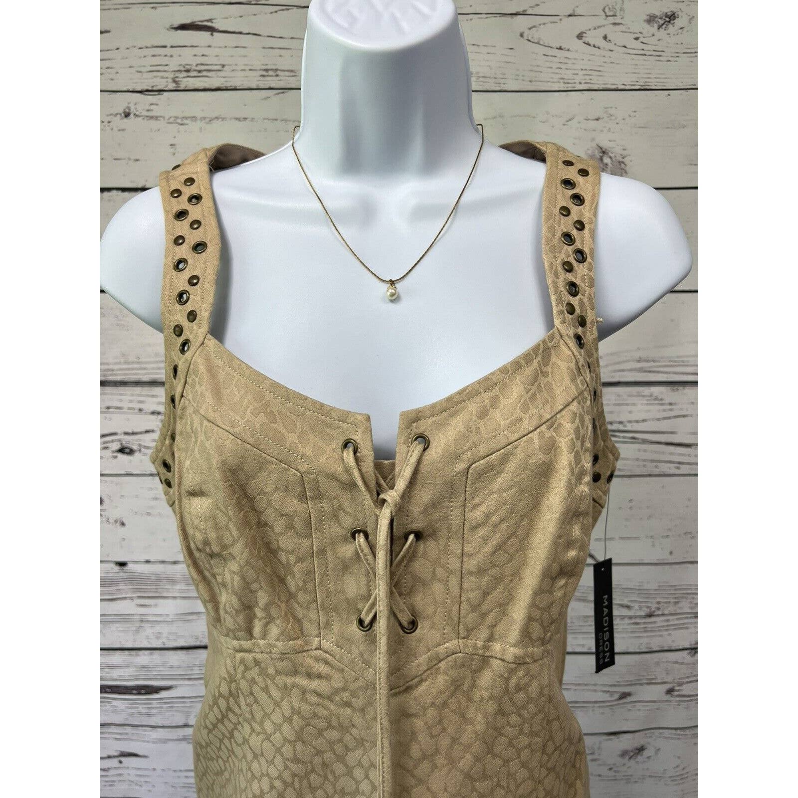 Madison April Dress Women’s Size 6 Sleeveless Animal Print Khaki Bronze Accents