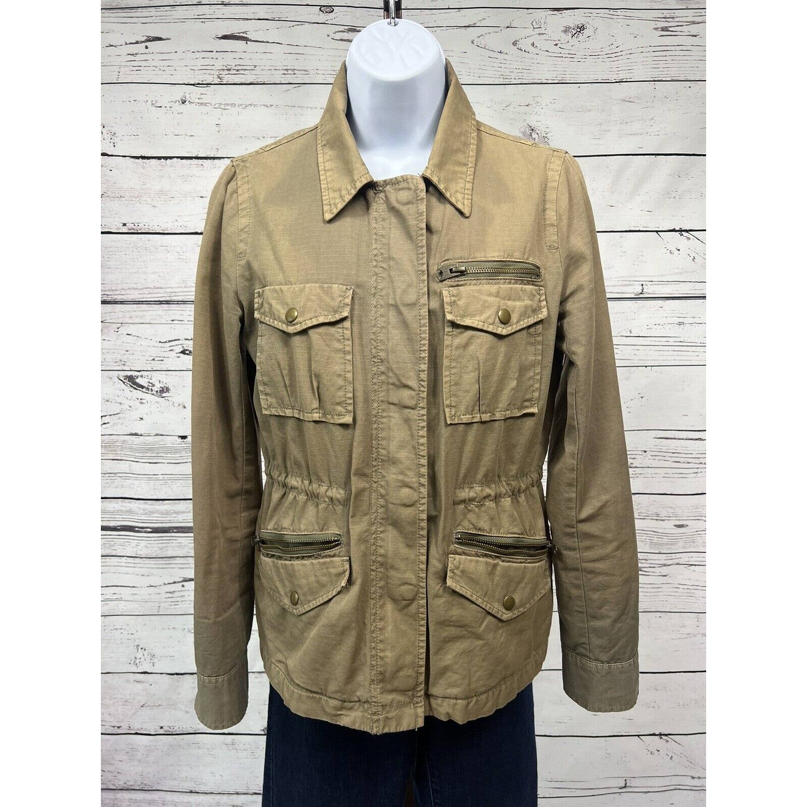 J Crew Military Jacket Womens Extra Small Brown Zip Utility Distressed Casual XS