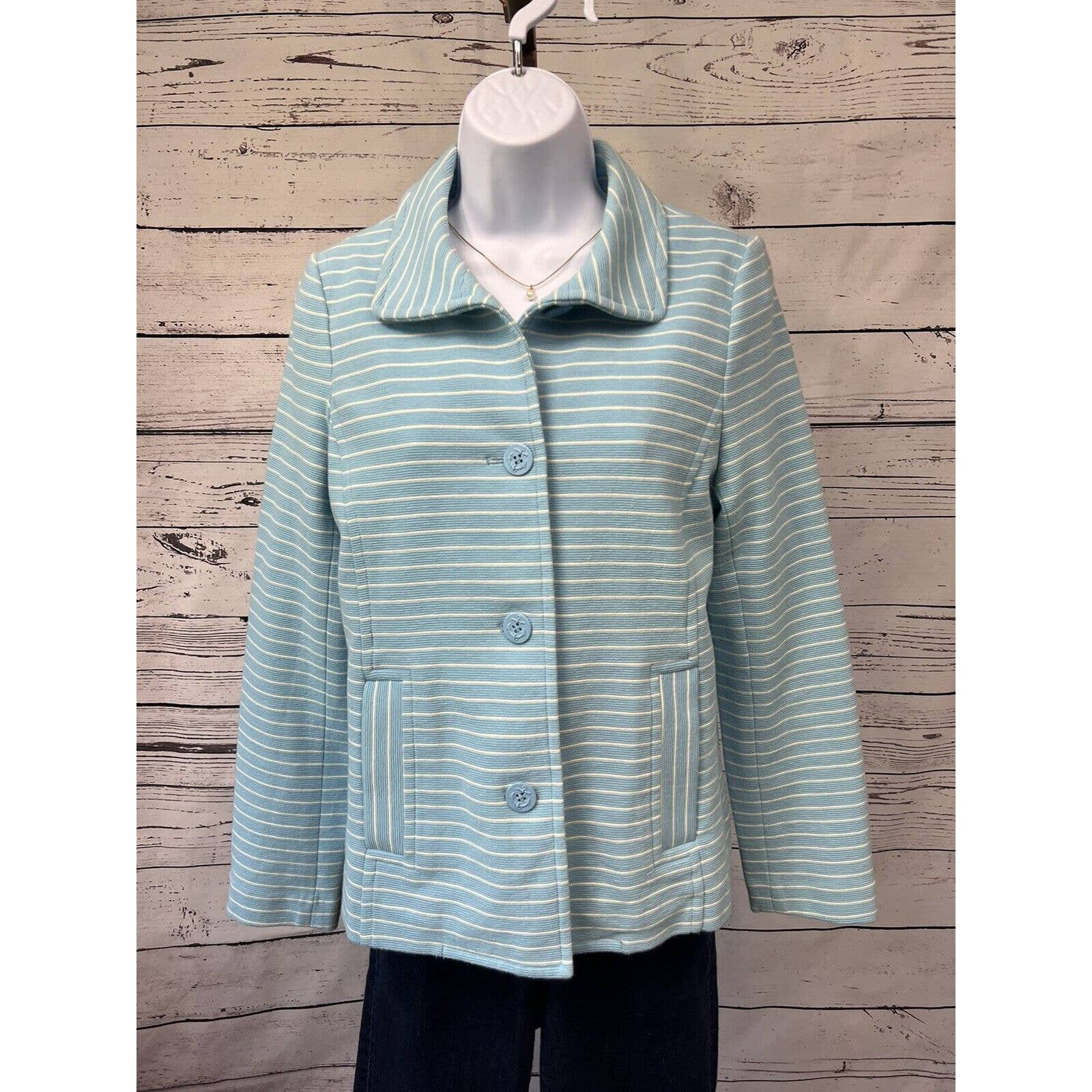 Talbots Jacket Women’s Small Blue Striped Nautical Button Up Stretch Casual