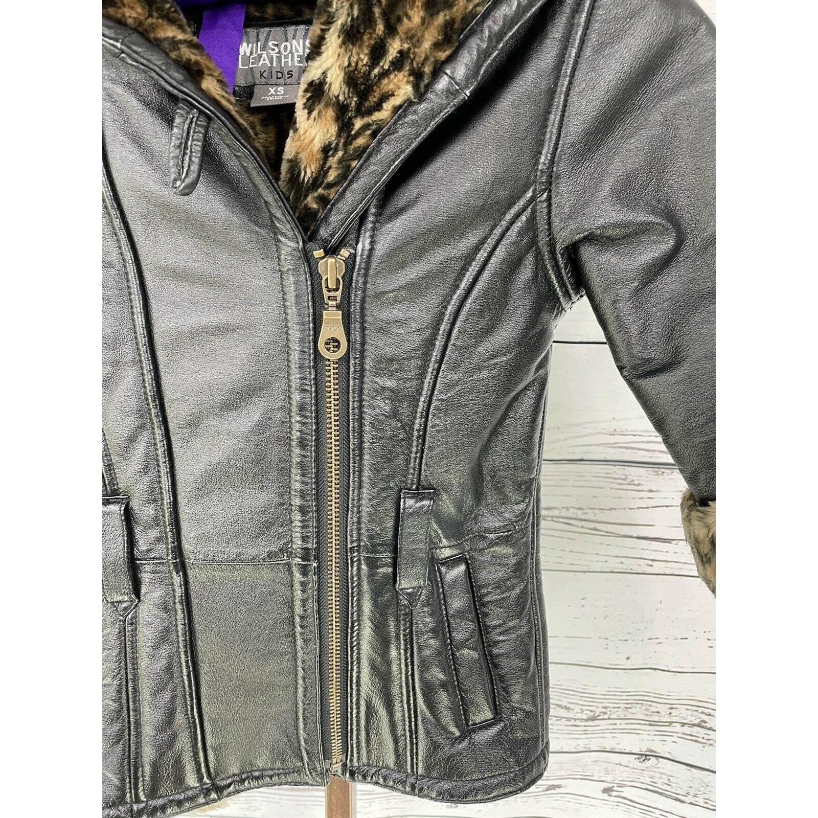 Wilsons Leather Hooded Jacket Girls Extra Small Leopard Lined Fur Black XS