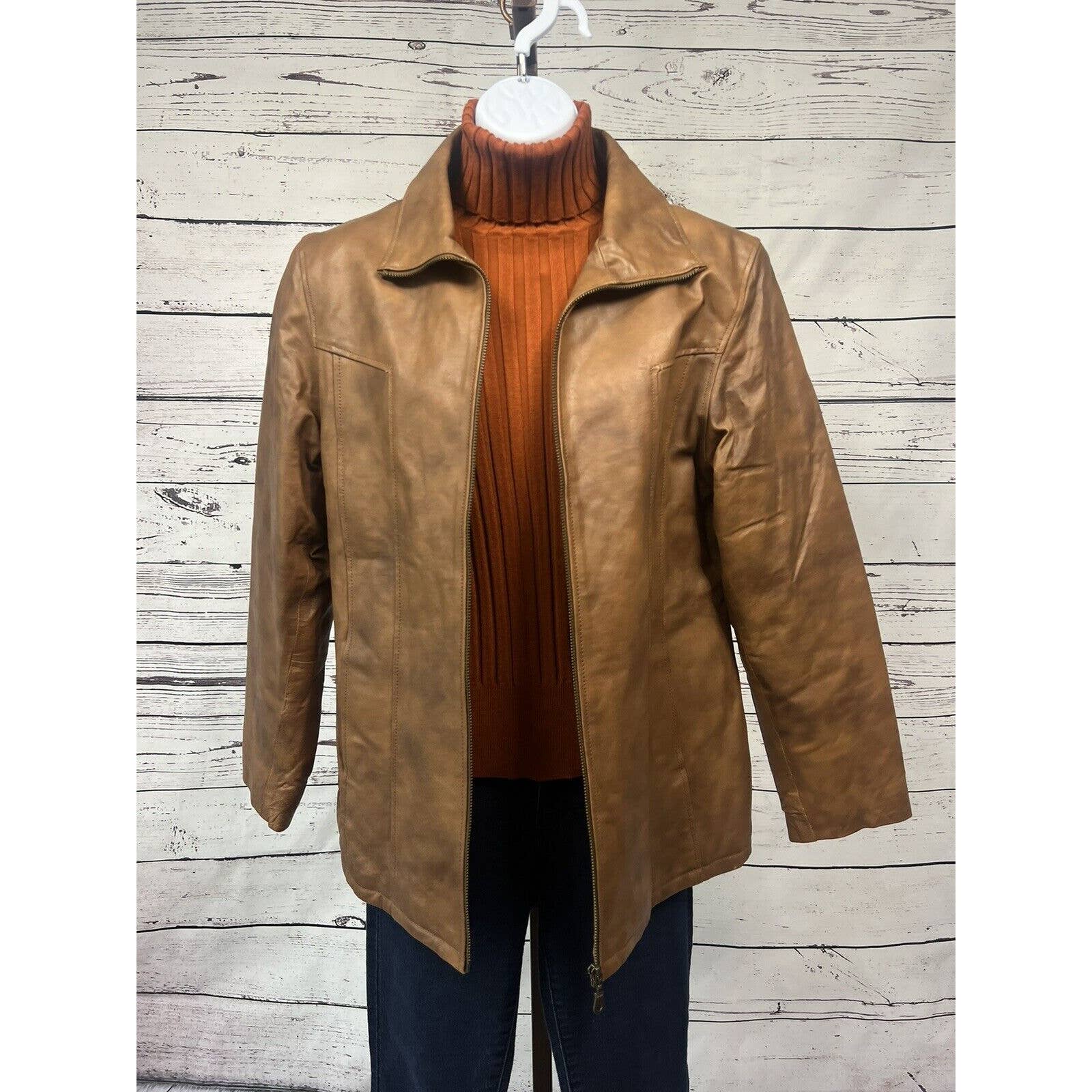 KC Collections Leather Jacket Women’s Small Distressed Caramel Brown Full Zip