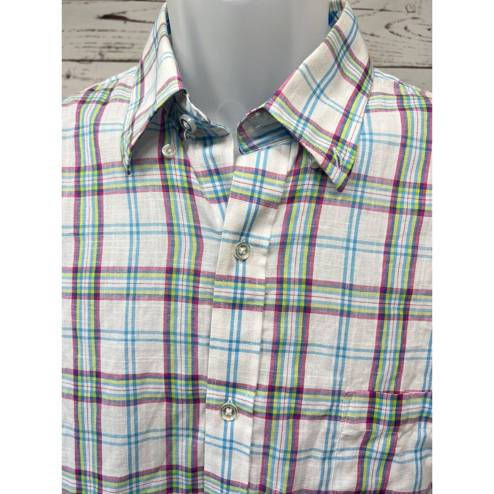 Tailorbyrd Button Down Shirt Men’s Size L Cotton Blue Pink Plaid Short Sleeve
