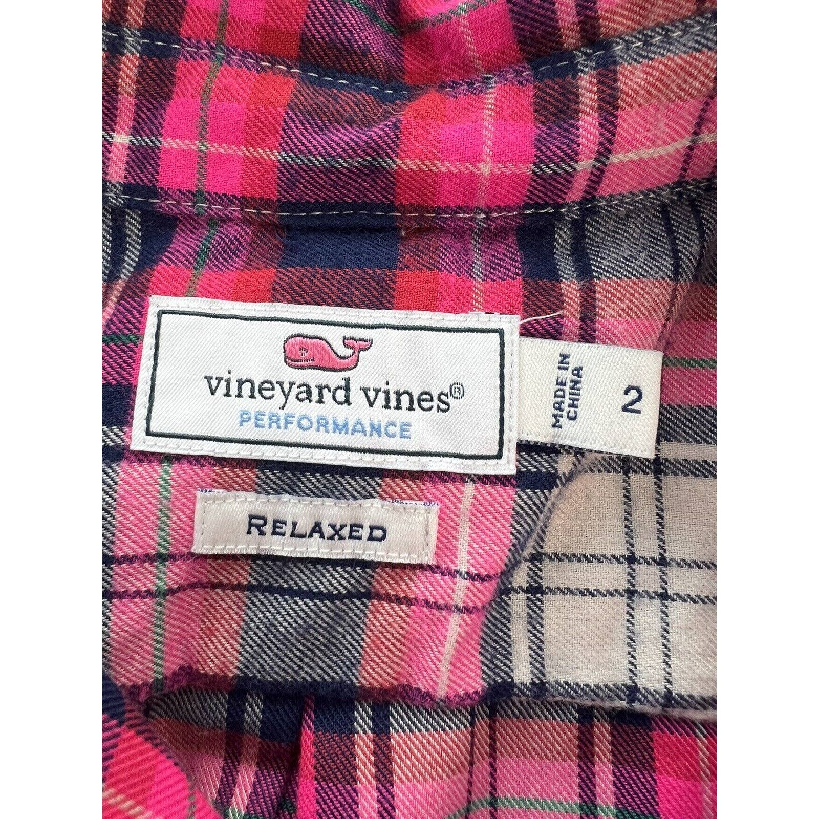 Vineyard Vines Relaxed Fit Flannel Shirt Womens Size 2 Pink Plaid Polyester