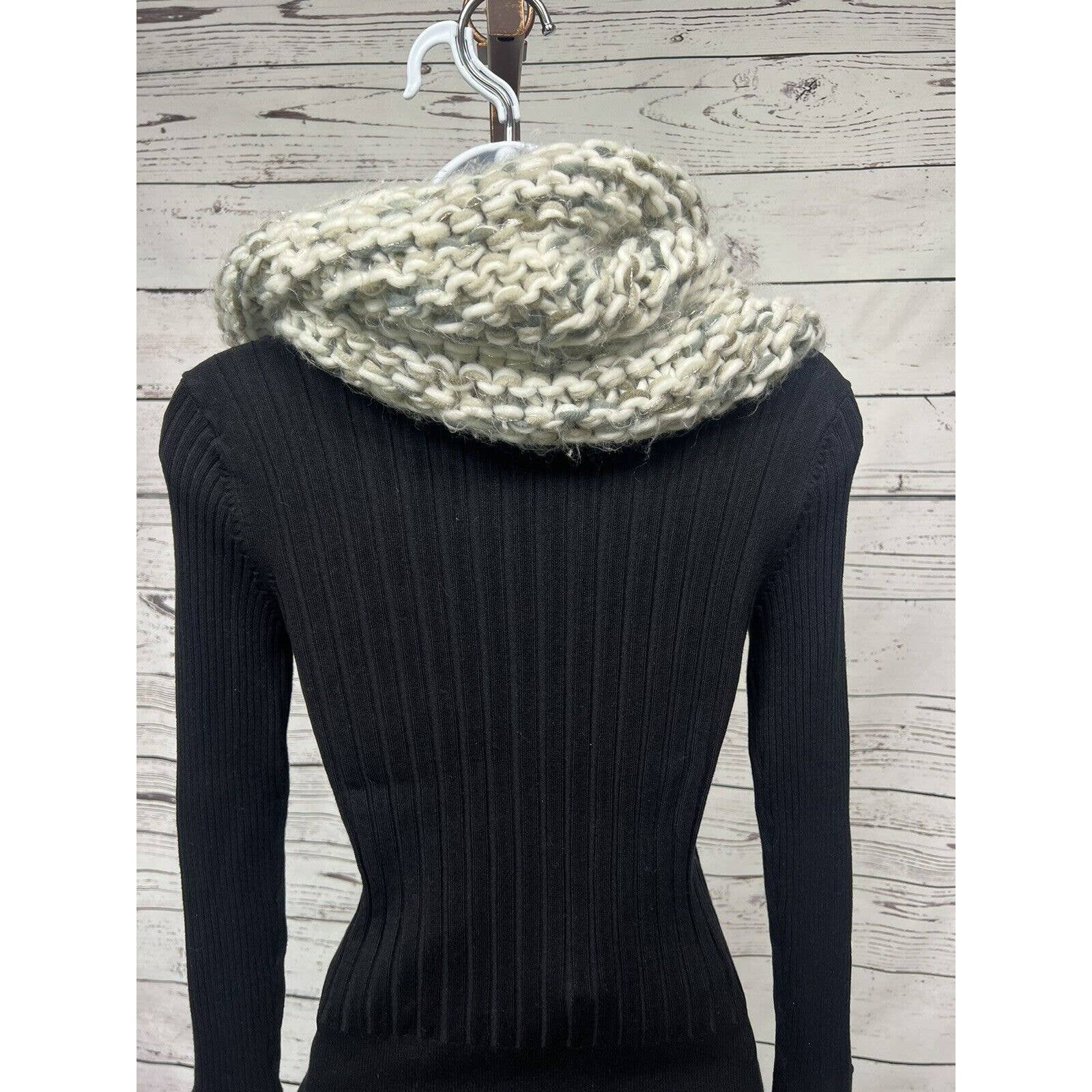 Fossil Infinity Scarf Off White Gray Taupe with Silver Accent Thread Acrylic