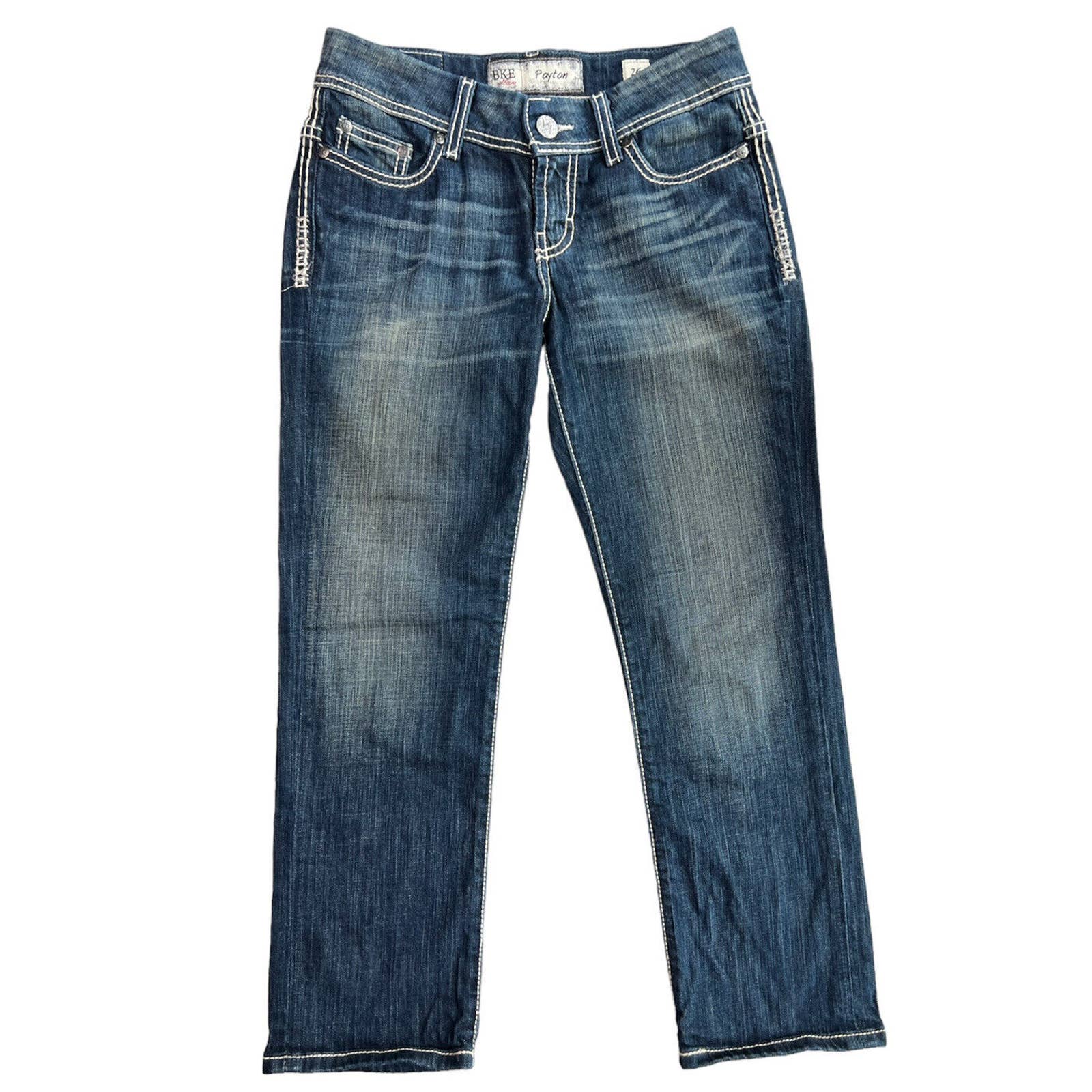 BKE Buckle Payton Cropped Jeans Womens 26 Stretch Low Rise Rhinestone Blue Denim