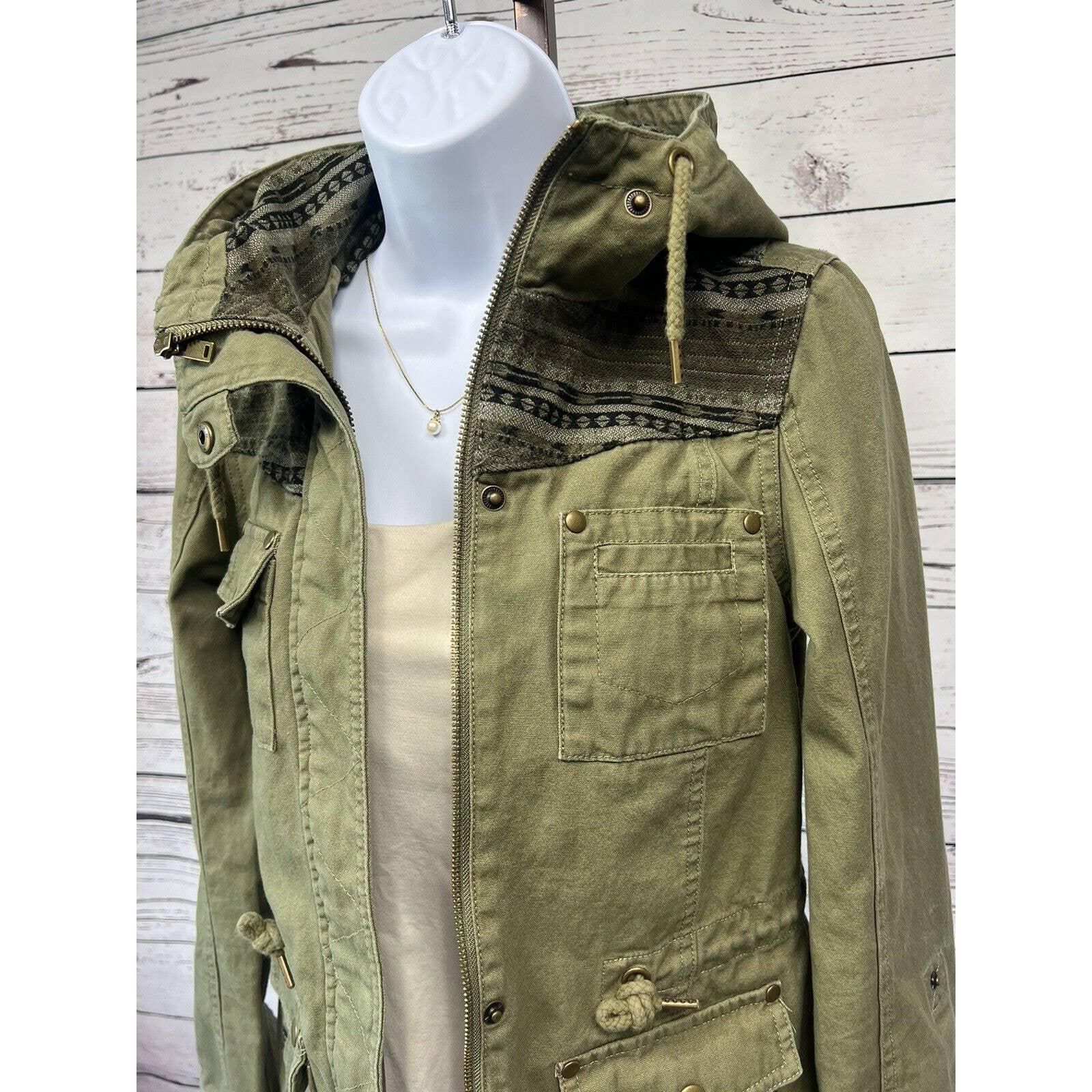 Altar’d State Military Jacket Women’s XS Hooded Green Geometic Tribal Pattern