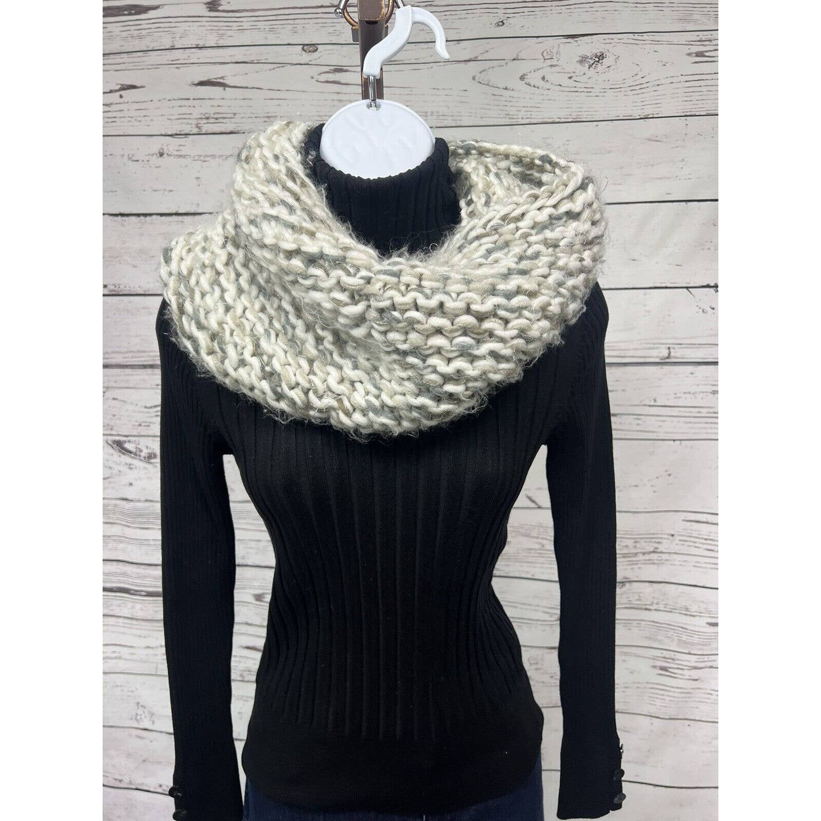 Fossil Infinity Scarf Off White Gray Taupe with Silver Accent Thread Acrylic