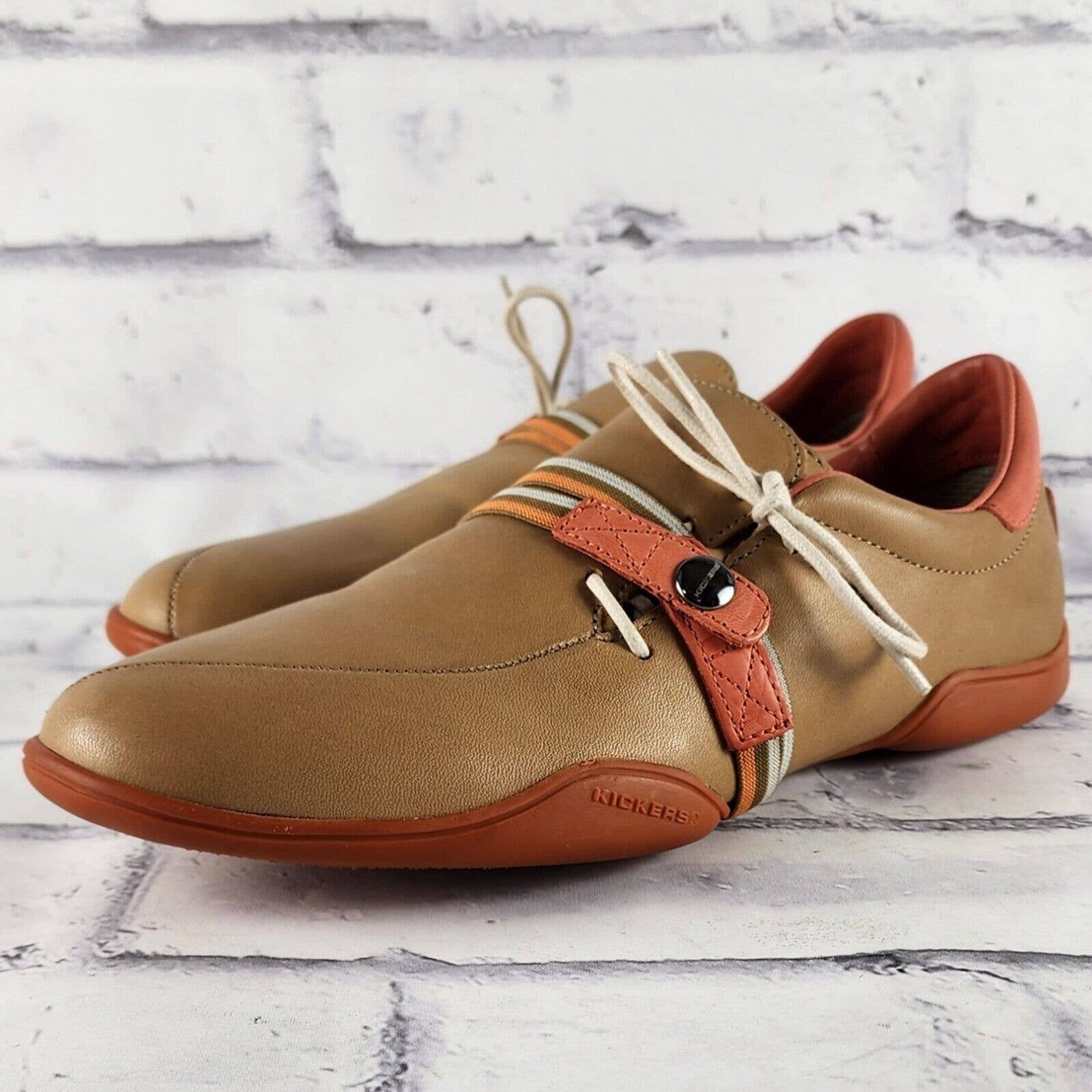 Kickers Side Lace Flats Women's Sz 38 (US 7.5) Beige & Orange Leather Sneakers