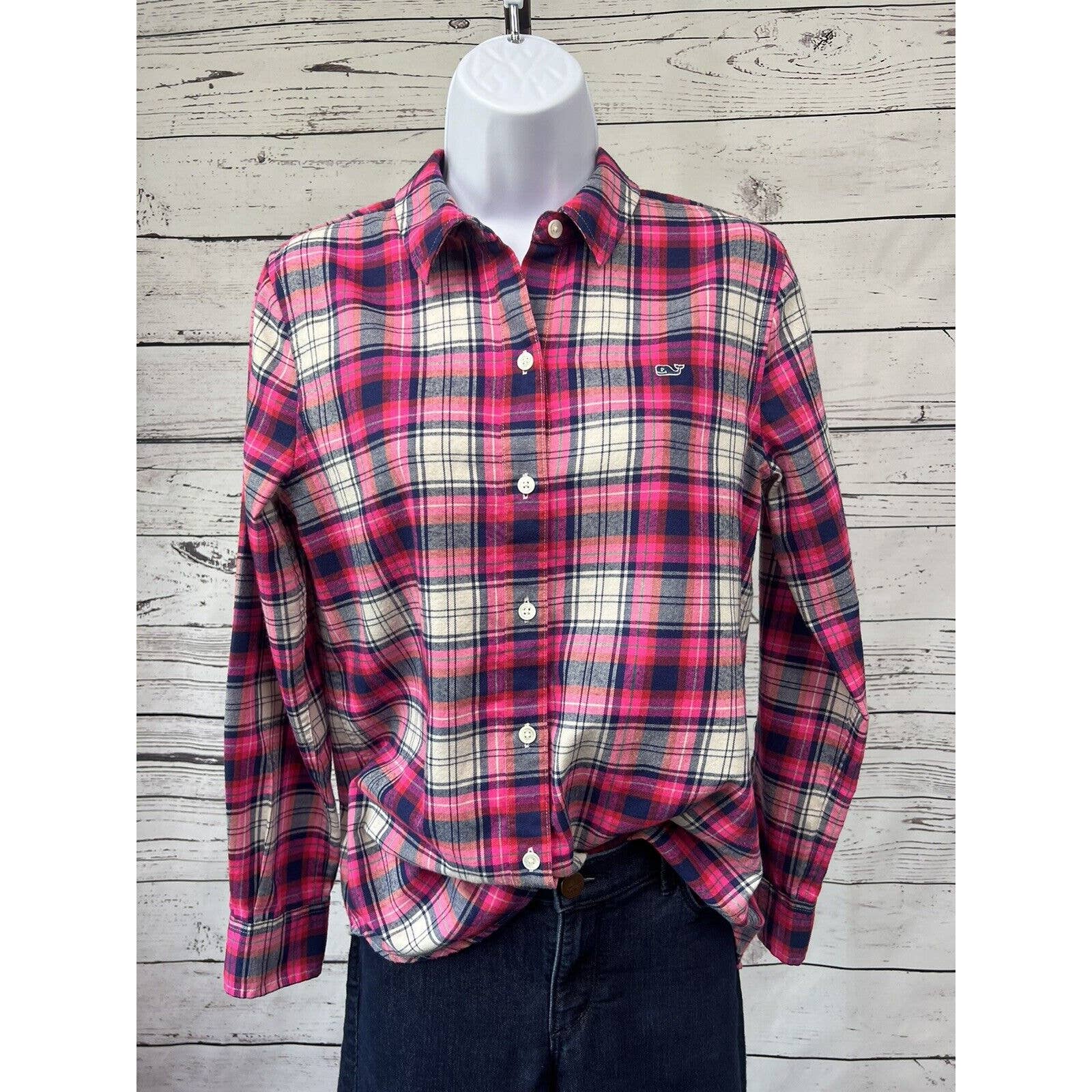 Vineyard Vines Relaxed Fit Flannel Shirt Womens Size 2 Pink Plaid Polyester